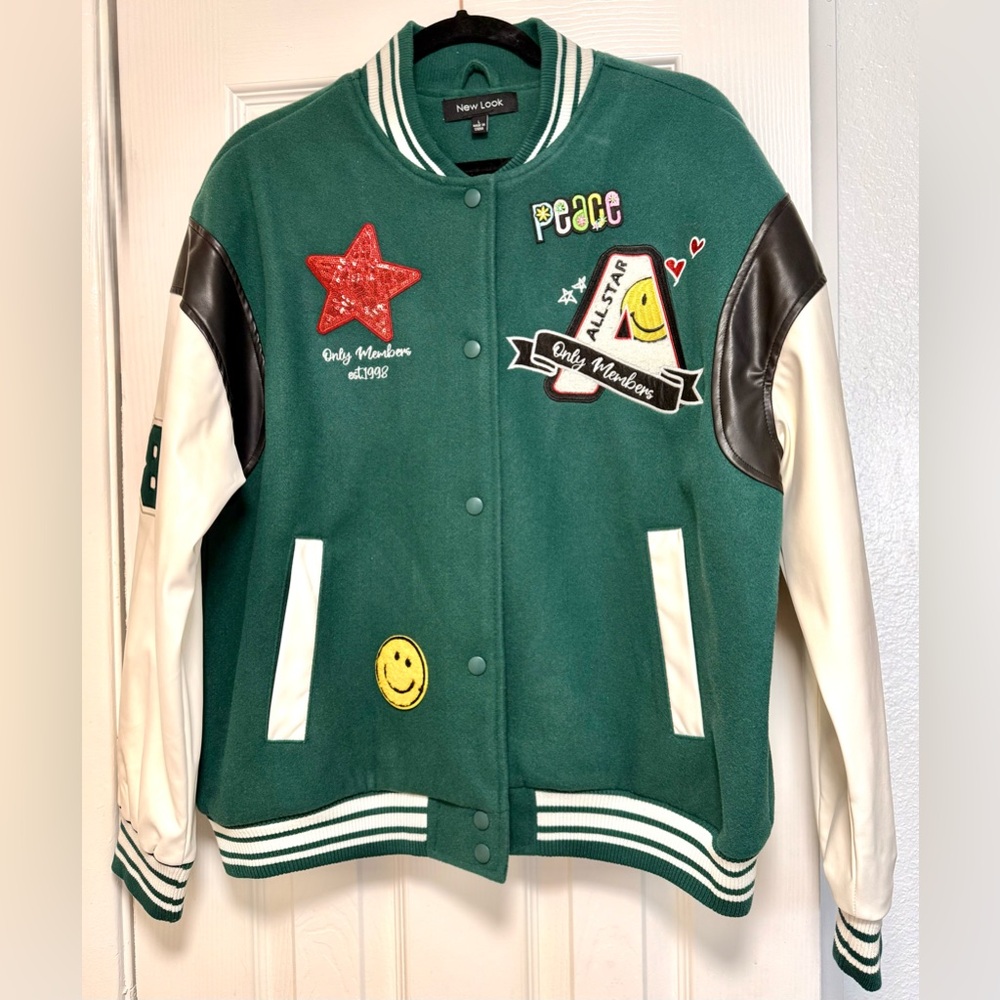 New Look Green and White Varsity Jacket with Patches